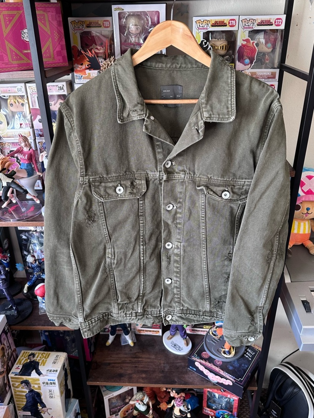 Zara Denim Jacket Olive Green Distressed Men’s L Trucker Vintage Style